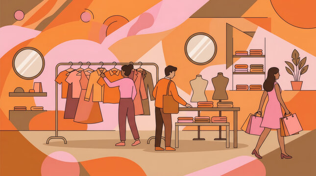 Customers Shopping in a Fashion Boutique With Clothing Racks, Mannequins and Shopping Bags