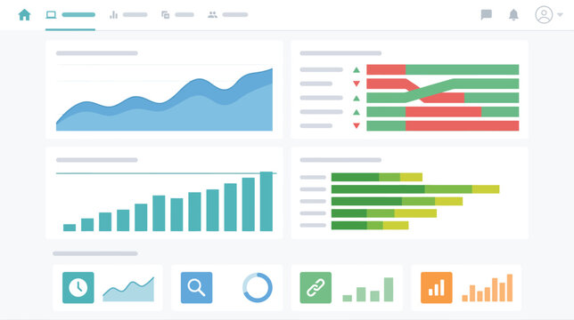 Digital dashboard with multiple charts and graphs illustrating analytics and performance trends.