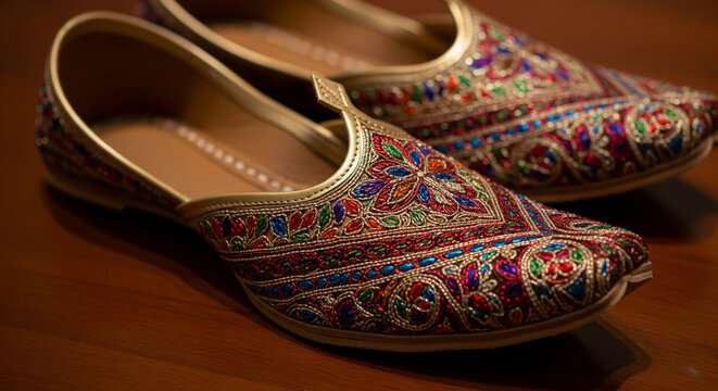 Pair of traditional handcrafted jutti shoes with colorful embroidery on a wooden surface