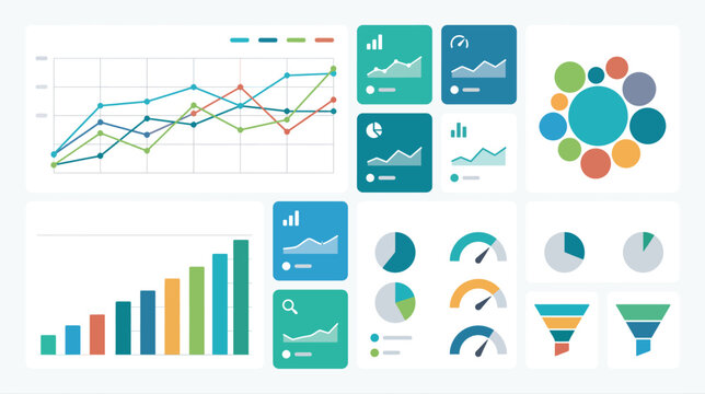 Collection of colorful data visualization charts and graphs for dashboards and reports.