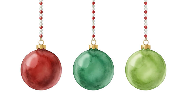 Watercolor illustration of three colorful christmas ornaments hanging from beaded strings isolated