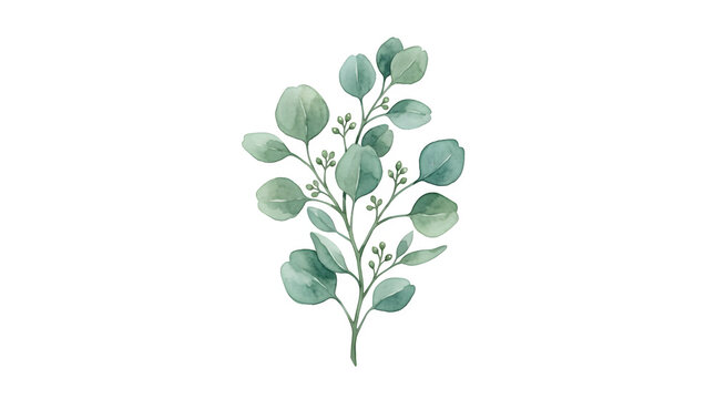 Watercolor painting of a green eucalyptus branch with leaves and buds isolated on a white background