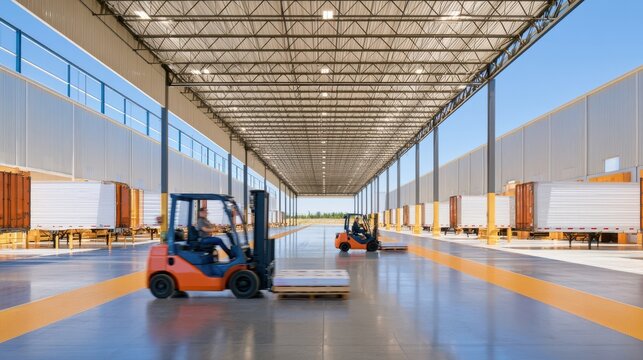 Forklifts in motion at large industrial cross dock terminal interior