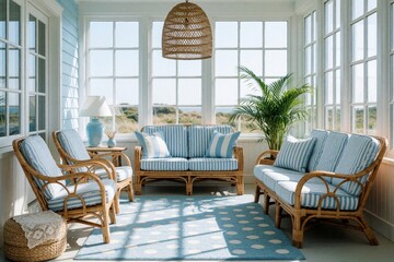 Fototapeta premium Bright sunroom with rattan furniture and blue striped cushions offers ocean view. Cozy beach house interior features wicker chairs, sofa, pendant light, and plant.