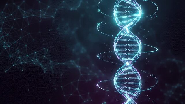 Futuristic Digital DNA Helix with Neon Circuit Technology on Dark Background