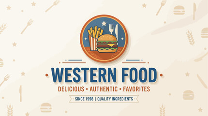 Obraz premium Circular vintage emblem graphic depicting a classic beef hamburger and salty french fries with utensils on an off-white background illustration