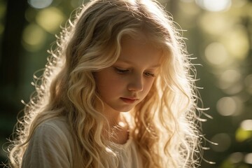Obraz premium Young girl with long blonde wavy hair gazes downward thoughtfully. Soft natural light illuminates her face, creating a peaceful, pensive mood in a green outdoor setting.