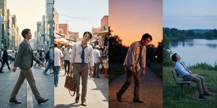 Multi panel composition of an Asian businessman walking through a city street and market to resting tiredly on a park bench by a lake at sunset.