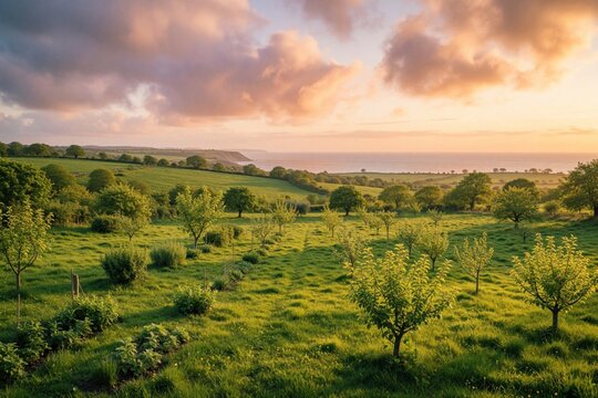 Rolling green hills meet the sea under a pastel sunset sky. Young trees and rich grass create a serene countryside landscape. Farm fields stretch towards the horizon.
