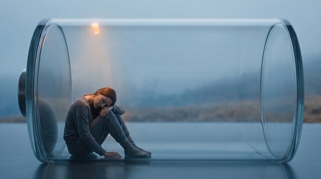 Tired and exhausted woman sitting inside a large glass battery symbol with low energy indicator for burnout and fatigue concept.