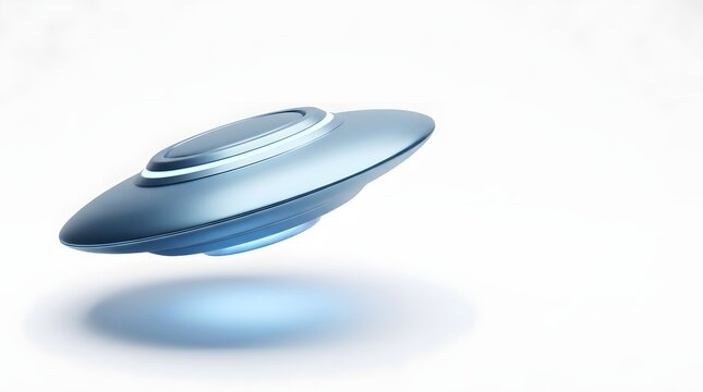 A metallic unidentified flying object floating in the bright white sky.