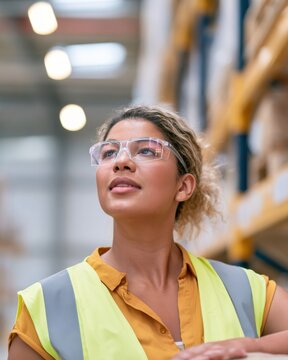 Portrait of confident female warehouse operator in industrial setting. Professional lifestyle
