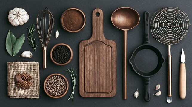 Flat lay of wooden cutting board, copper kitchen utensils, spices, and herbs on dark surface. Ideal for cooking and recipe background.