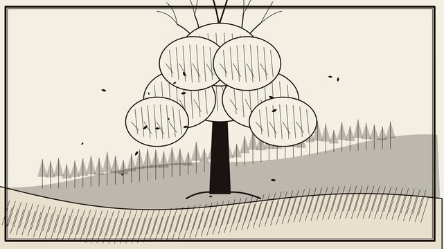Circular foliage tree on rolling hill landscape