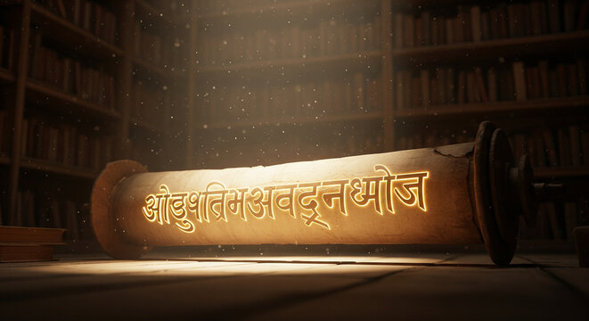 Ancient Sanskrit Scroll with Glowing Devanagari Script in a Mystical Library