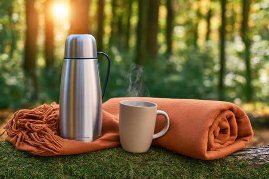 Outdoor still life with metal thermos flask, steaming cup and folded wool blanket in autumn forest