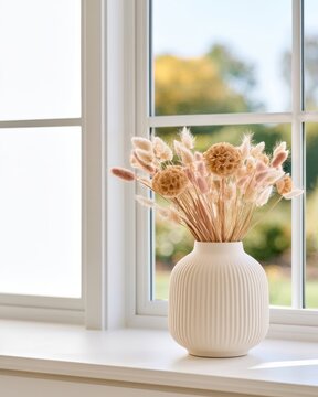 Still life photograph of dried grasses and seed heads in ceramic vase on windowsill