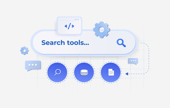 Tool discovery for MCP servers with search, code, chat and resources. MCP tool discovery across server catalogs, metadata, APIs and integrations for connected AI clients vector illustration.