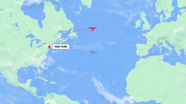 Animated flight path map showing an international travel route from New York to Valletta on a green and blue world map.