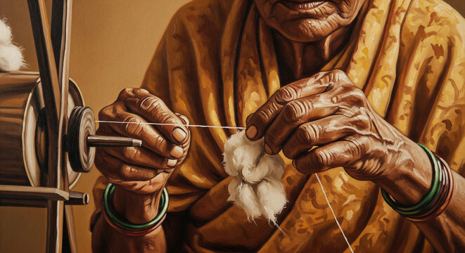 Artistic oil painting of an elderly Indian woman hands spinning cotton on a traditional charkha wheel