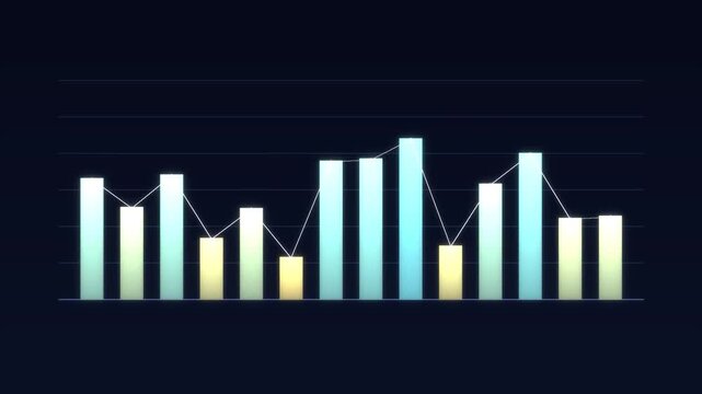 3D financial growth bar chart with rising and falling trends on dark background for business analysis