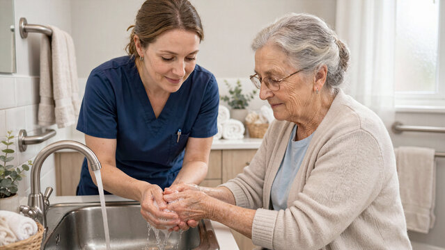Caring female assistant gently washing hands of elderly woman in bright modern senior residential care bathroom