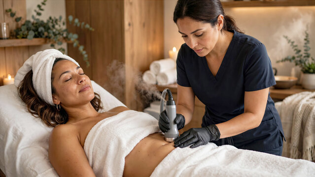Woman relaxing in luxury spa bed while receiving non invasive body contouring cosmetic treatment by specialist
