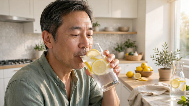 Middle aged Asian man drinking glass of pure water in sunlit kitchen during healthy morning routine at home