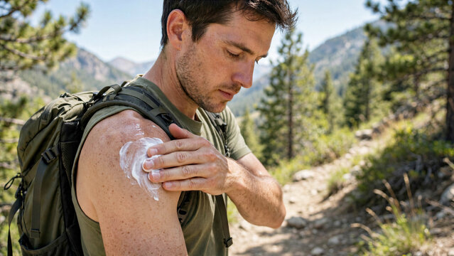 Hiker applying sun protection sunscreen cream to shoulder outdoors during sunny mountain trail trek