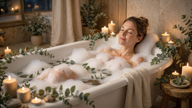 Woman enjoying relaxing warm bubble bath with green botanical leaves and candles for evening self care routine