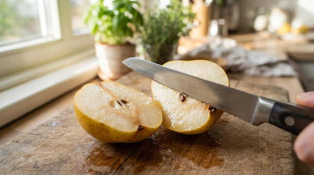 Slicing a Fresh Yellow Pear on a Rustic Wooden Board