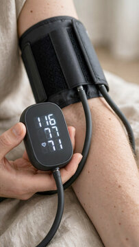 Close up of digital blood pressure monitor cuff on arm showing arterial blood pressure reading display