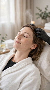 Woman enjoying gentle relaxing scalp massage treatment during professional trichology procedure in clinic
