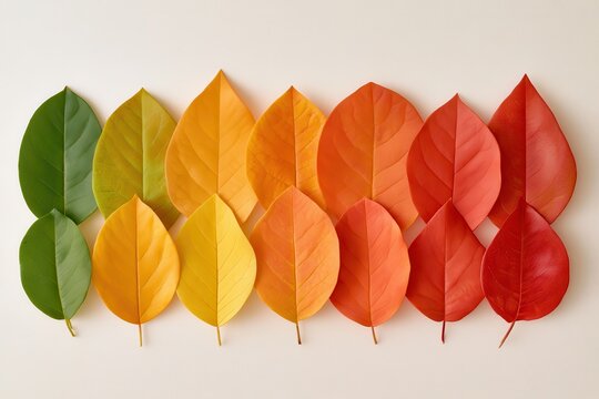 Top view still life of arranged autumn leaves showing life cycle color gradient