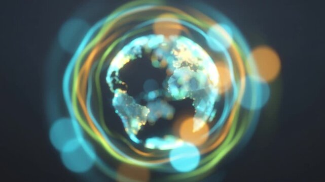 グラファイトの空間でシアンとアンバーの光のボケがホログラムの地球へと集合する抽象的な背景ループ動画