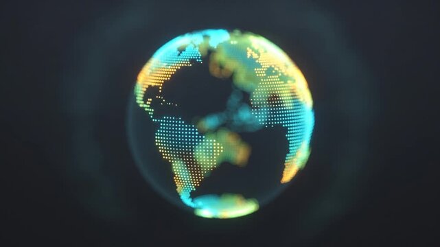 グラファイトの空間でシアンとアンバーの光のボケがホログラムの地球へと集合する抽象的な背景ループ動画