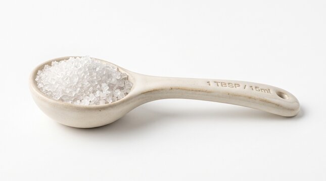 Ceramic measuring spoon filled with sea salt on white background.