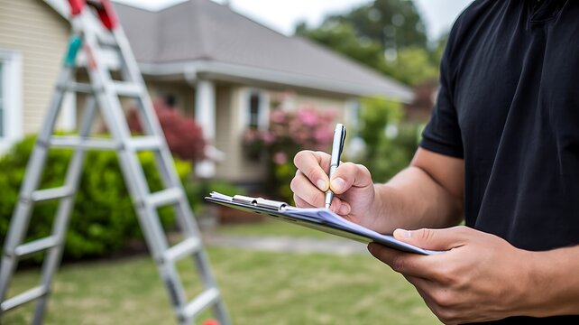 Home inspector checking residential property exterior with clipboard
