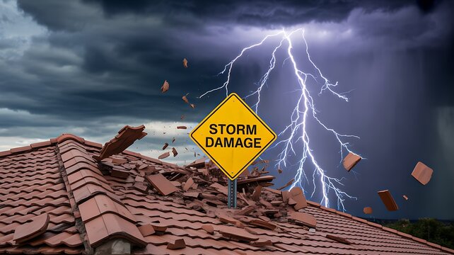 Storm damage to roof with lightning and severe weather destruction concept