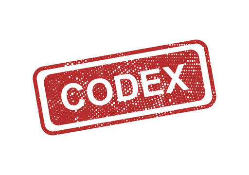 Red rectangular rubber stamp with the word codex in white bold letters, featuring a distressed grunge texture on a black background isolated on a transparent background