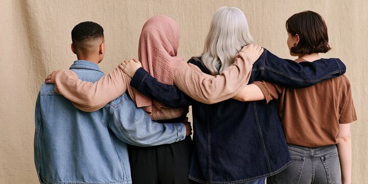 Diverse group of friends standing together showing unity and support in diversity