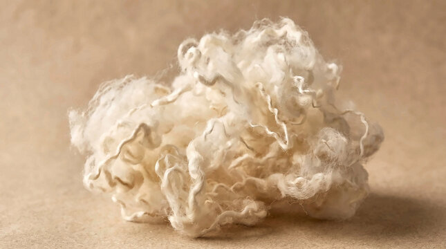 Macro Texture of Pure Raw White Sheep Wool Fiber Cluster on Neutral Surface