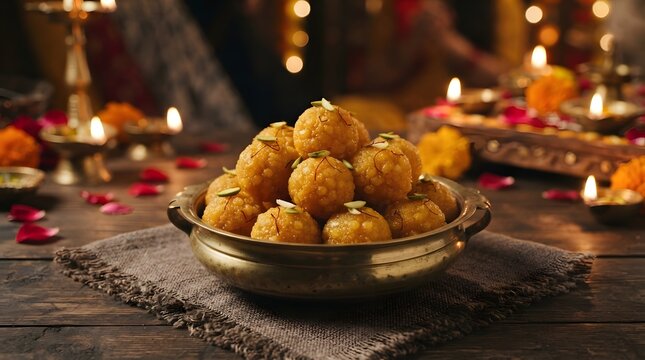 Traditional indian sweet motichoor ladoo served in a brass bowl with saffron and pistachios, set against a festive background with lit diyas