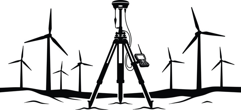 GNSS RTK GPS land surveying tripod receiver at wind farm field vector illustration isolated on white background
