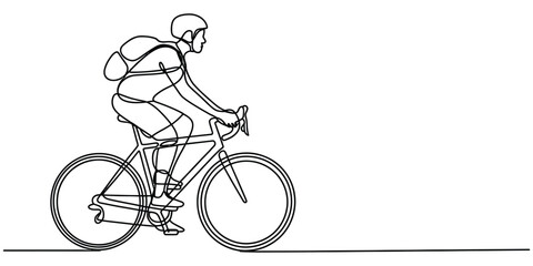 Fototapeta premium Continuous single line drawing of a person riding a bicycle with a backpack Vector, illustration