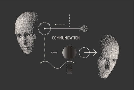 Concept of communication, teamwork, learning, management, and the exchange of business ideas between people. A digital human face constructed from dots. Time to think. Schematic illustration. Vector.