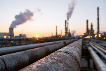 Fototapeta premium Industrial pipes stretch into a hazy horizon. Smoke rises from tall chimneys against twilight skies. Faint orange glow of setting sun bathes the scene. Heavy machinery stands in blurred background