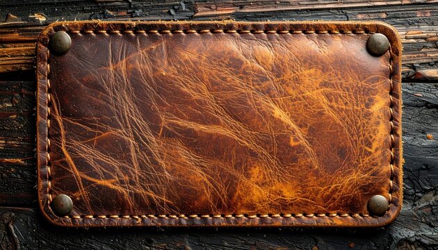 Vintage rectangular brown leather label patch with visible perimeter stitching, worn leather grain, rustic branding aesthetic