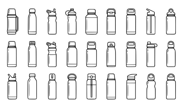 Water bottle outline icons collection featuring assorted reusable drinking containers and hydration designs