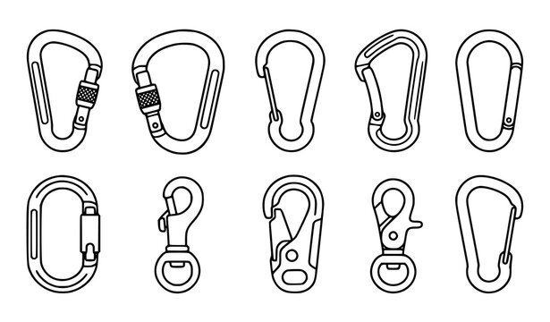 Carabiner climbing hook and safety clip outline icons collection for hiking mountaineering and outdoor adventure equipment